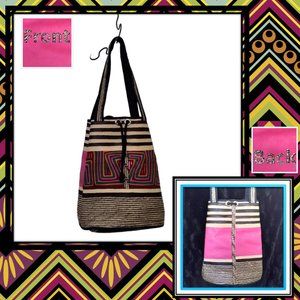 Women’s Youth Multicolored Woven Tote Shoulder bag 2 Straps draw String Closure